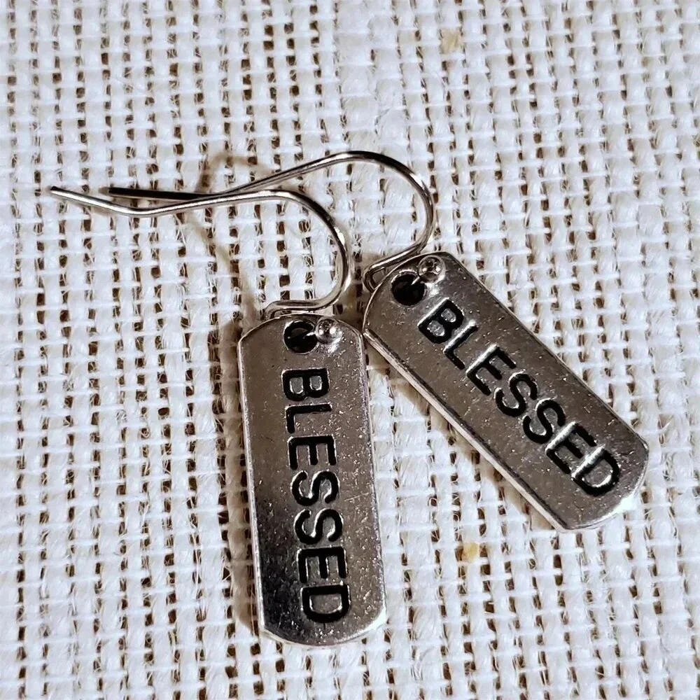Handcrafted Blessed Inspirational Word Message Carved Silver Black Earrings